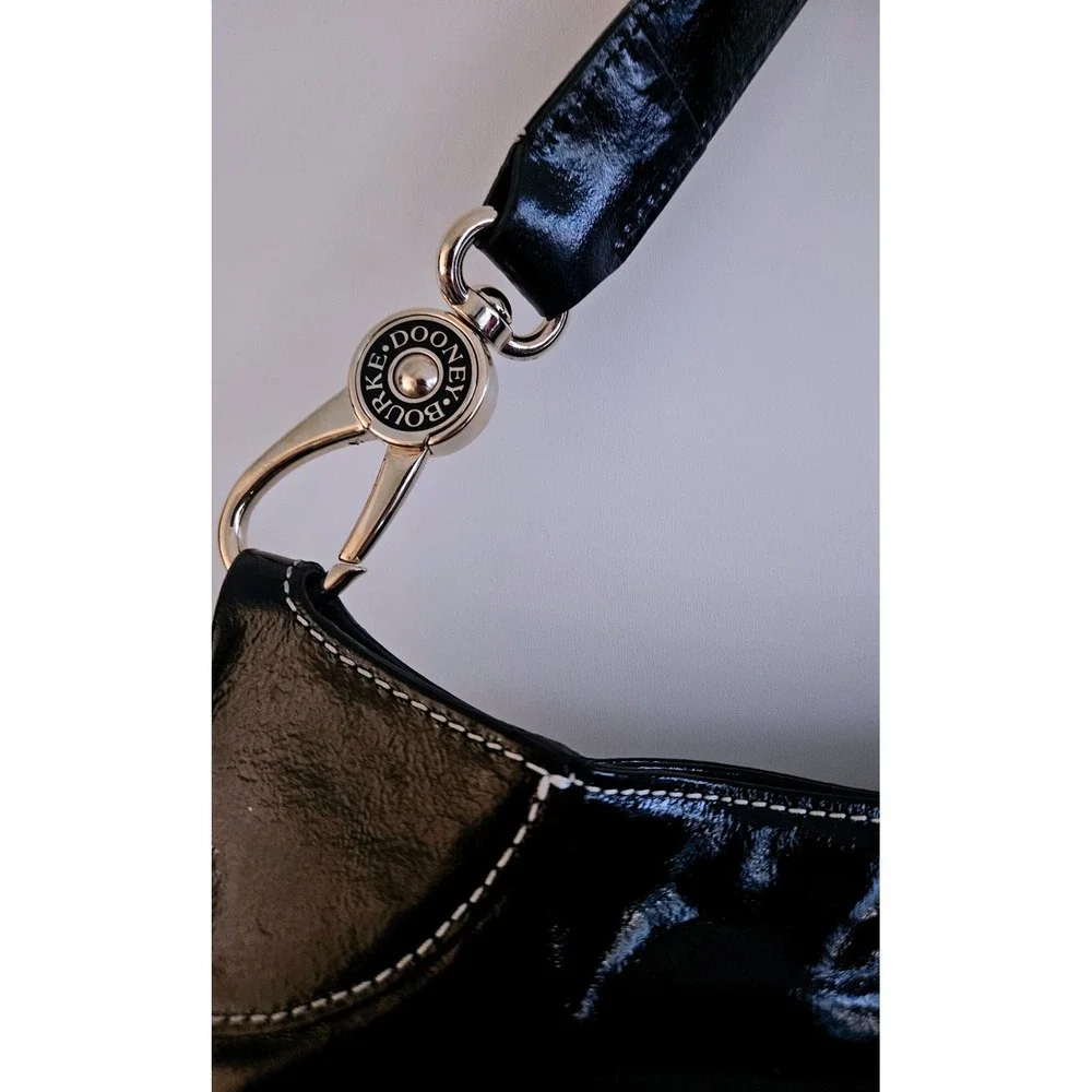 Dooney‎ & Bourke Luisa Black Patent Leather Hobo Bag White Stitching Gingham EUC